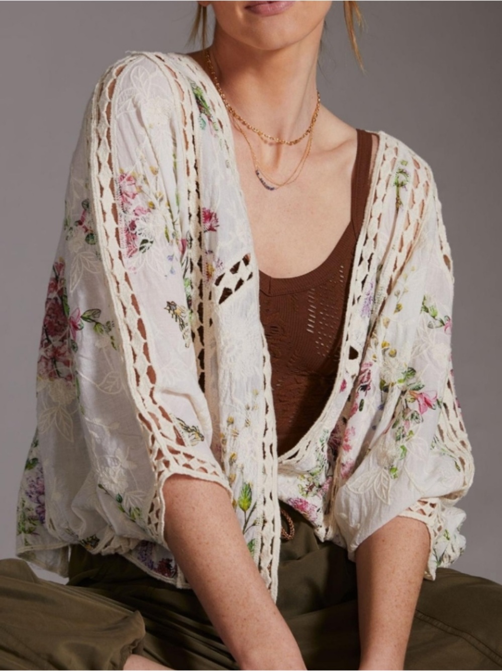 Anthropologie Cream Lace Kimono with Pink, Green and Blue Floral Print